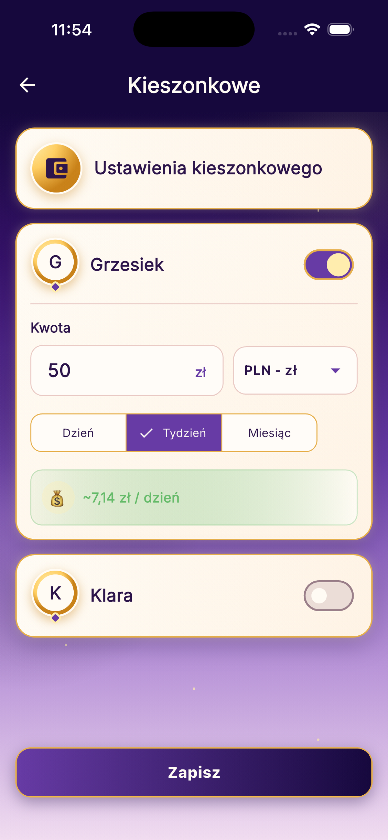 Ustawienia kieszonkowego